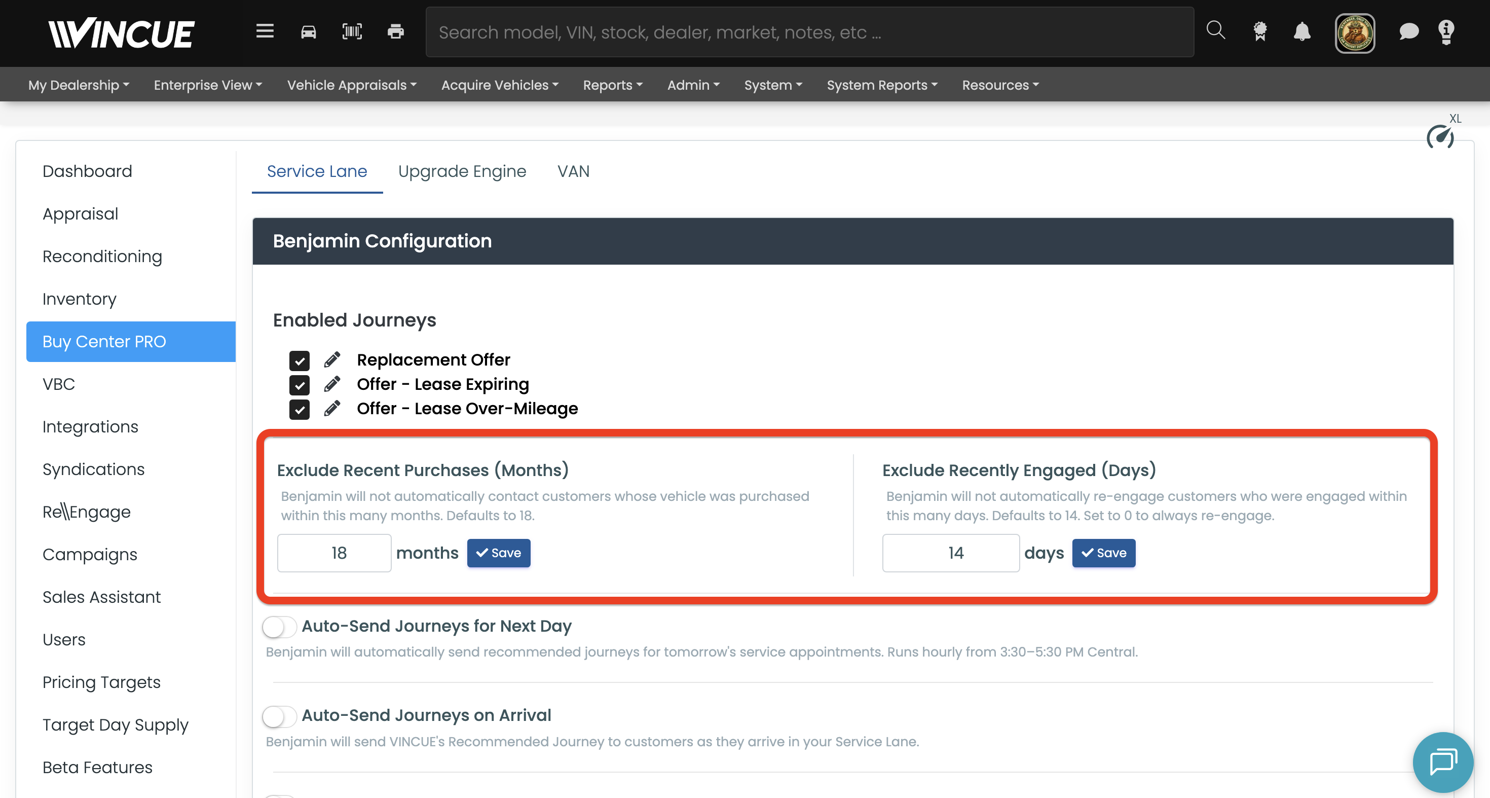 Benjamin outreach settings with minimum purchase date