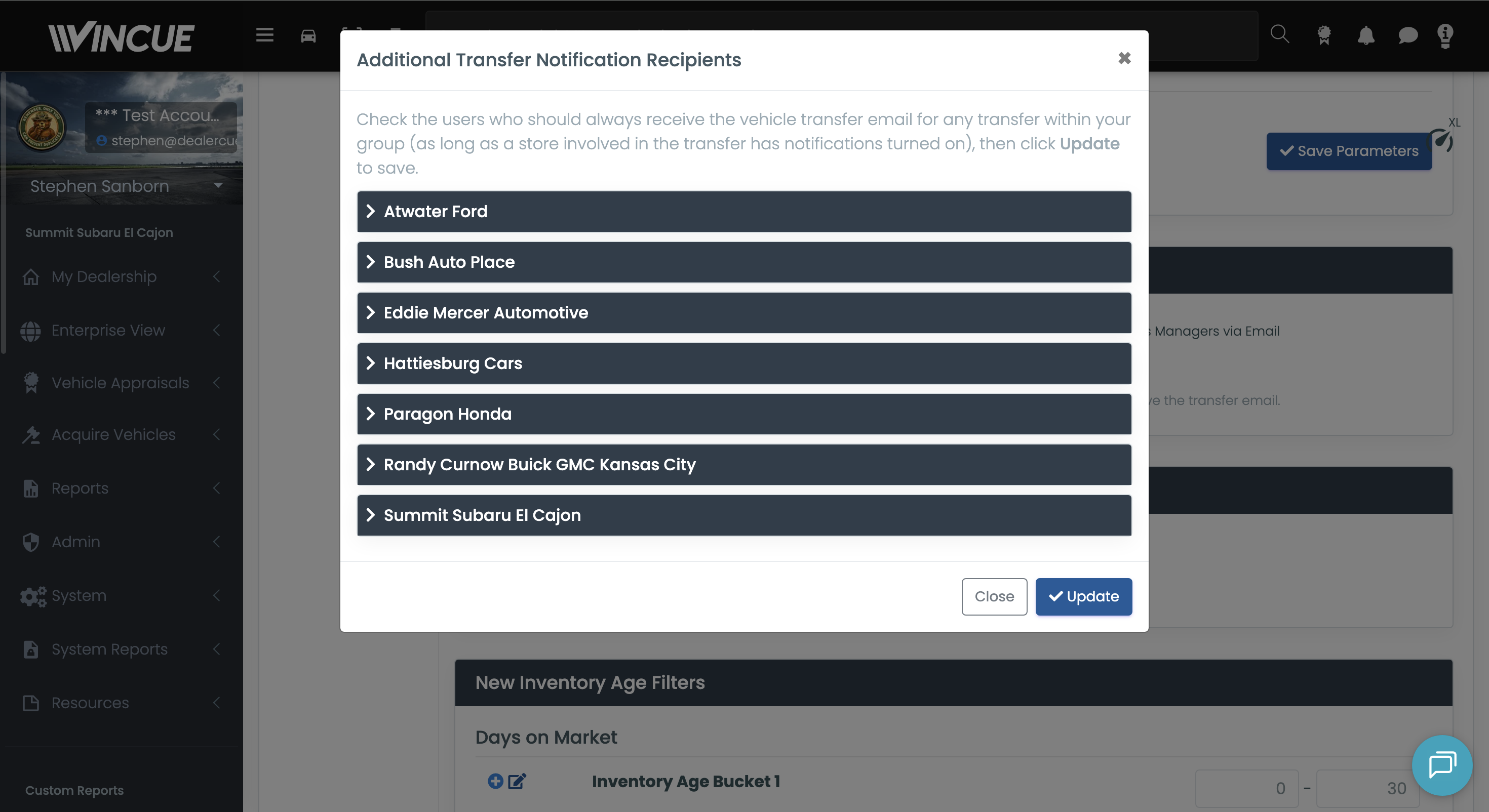 Inventory Transfer Notification settings with recipient selection