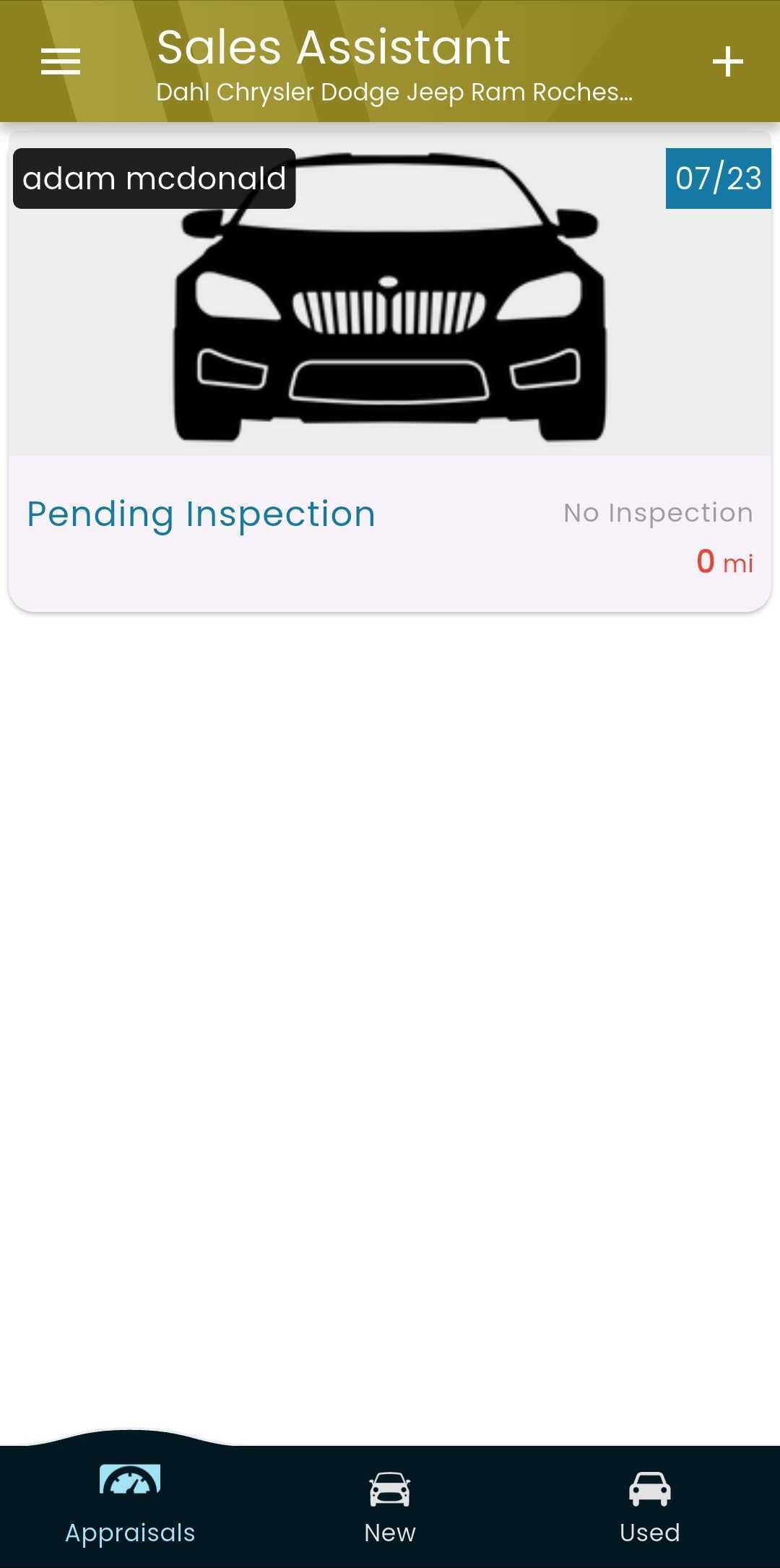 Text inspection icon and pending self-inspection card in Sales Assistant